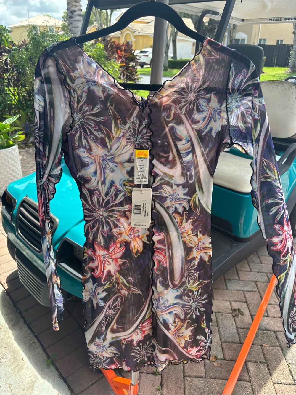Agua Bendita Black Multicolor Floral Swirl Sheer Long Sleeve Dress